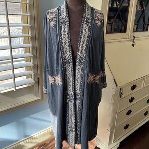 Johnny Was Gray Embroidered Knit Cardigan, XS